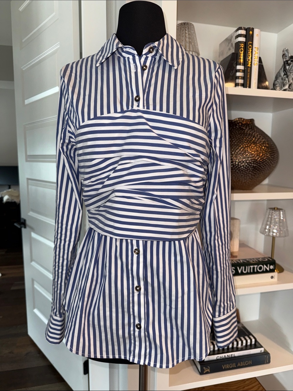 Veronica Beard Blue and White Striped Button-Down Shirt